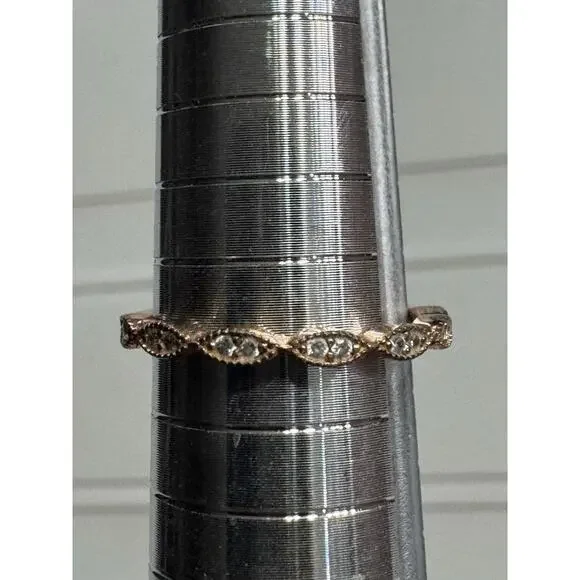 Sterling Silver Rose Gold Twist Helix Clear Stone Fashion Ring - Picture 1 of 4